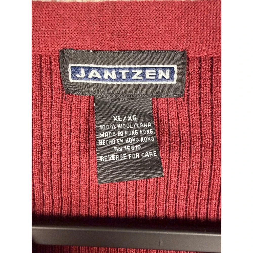 Jantzen Vintage V-Neck Sweater XL Burgundy 100% Wool Ribbed Knit 90s Y2K Maroon